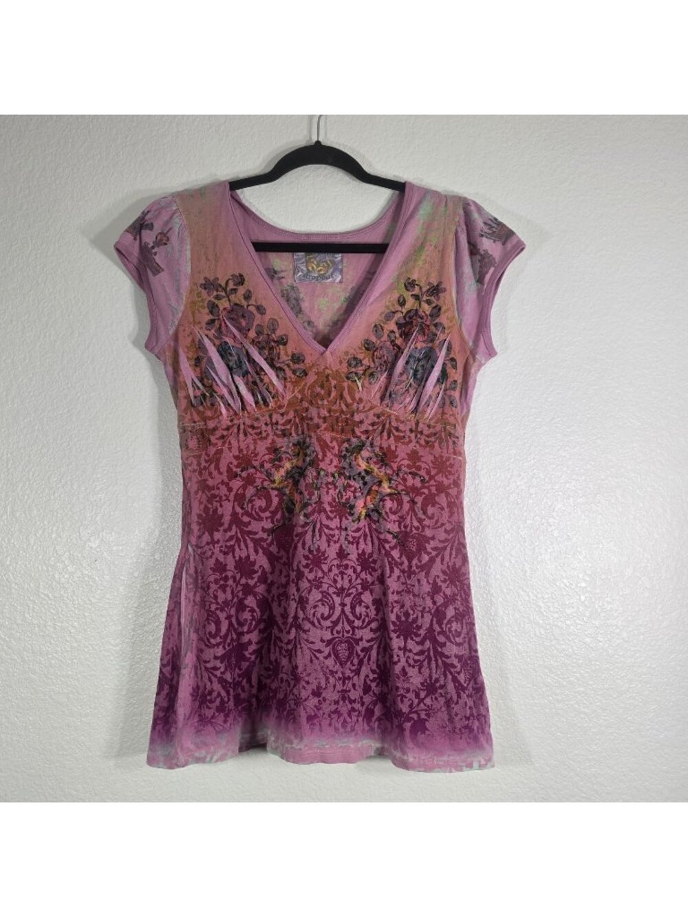 Butterfly Dropout Vintage Y2K Blouse Top Large Pink V Neck Whimsigoth Fairy
